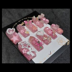 Pink 3D Floral Handmade Hard Gel Press On Nails